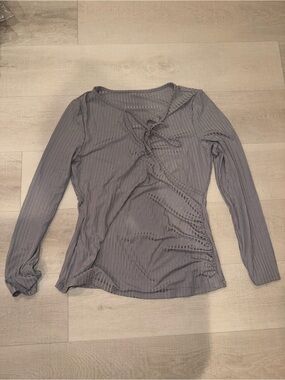 Macy's Gray Ribbed Lace-Up Long Sleeve Top